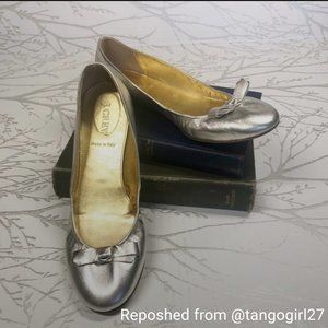 *NWOB* JCrew Size US 8.5 Metallic Silver Ballet Flats Shoes Bow Detail #26273